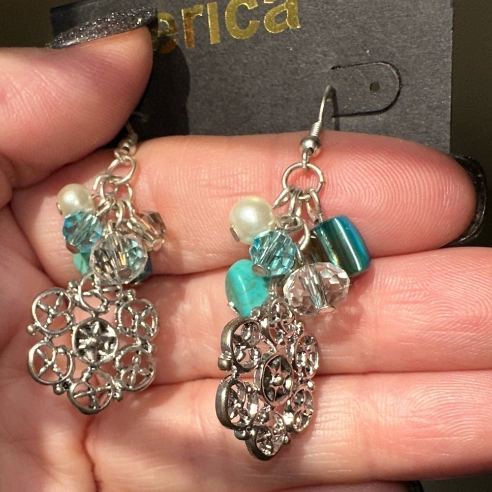 Silver filigree earrings with turquoise beads